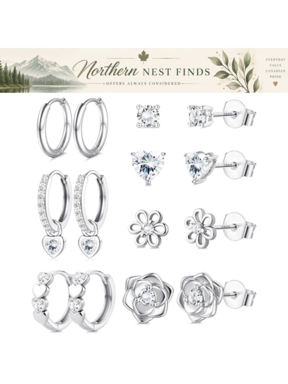 Sterling Silver Stud & Hoop Earring Stack Set 7 Pairs Hypoallergenic